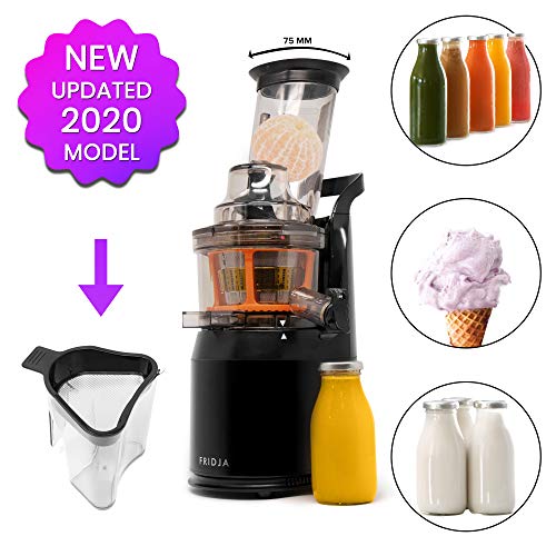 Fruta y Vegetal Cold Press Extractor de Jugo Slow Juicer, Sorbete y Helado de Frutas - Boca Ancha de 75MM, Extractor de Masticación Lenta, Sin BPA, 240W, Acero Inoxidable Negro Fridja f1900