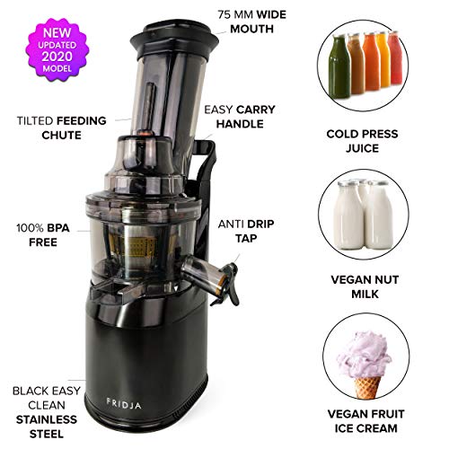 Fruta y Vegetal Cold Press Extractor de Jugo Slow Juicer, Sorbete y Helado de Frutas - Boca Ancha de 75MM, Extractor de Masticación Lenta, Sin BPA, 240W, Acero Inoxidable Negro Fridja f1900