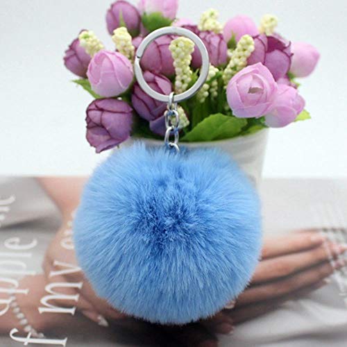 FTFSY 30 Colores de Piel Suave y esponjosa llaveros de Piel de Conejo de imitación Suave Rex Llavero del Coche Llavero pompón llaveros Mujeres Bolsa Colgante de joyería Bricolaje, Azul Cielo