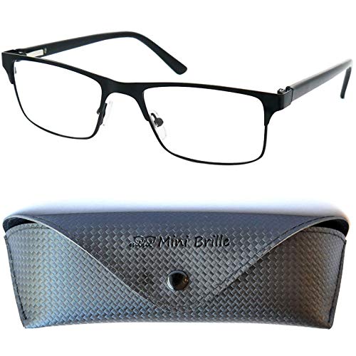 Gafas de Lectura con Cristales Rectangulares, Montura de Acero Inoxidable (Negra), Funda GRATIS, Gafas Para Leer Hombre y Mujer +1.5 Dioptrías