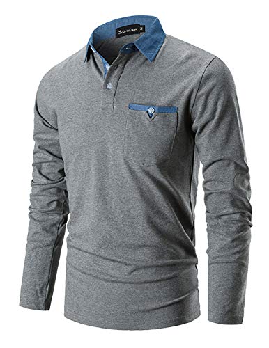 Ghyugr Slim Fit Golf Poloshirt, Camiseta Polo de Algodón con Mangas Largas para Hombre, Gris Oscuro, L