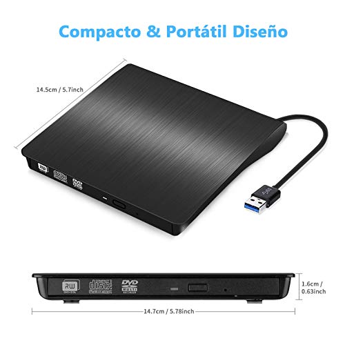 Grabadora CD / DVD Externa Usb 3.0, Rodzon Unidades de DVD Externa Portátil CD / DVD /-RW / ROM Estable con Lector / Quemador / Re - Quemador para Win 10 / 8 / 7 / XP / Vista / Linux / Mac OS