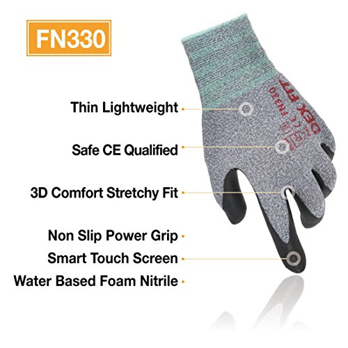 Guantes de Trabajo DEX FIT FN330, Ajuste Cómodo Elástico en 3D, Gran Agarre, Smart Touch, Espuma de Nitrilo Duradera, Fino y Ligero, Lavables a Máquina, Gris Talla 9 (L) 3 Pares