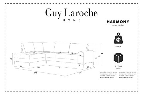 Guy Laroche Home - Sofá esquinero izquierdo fijo Harmony Big, color gris claro – Tacto terciopelo