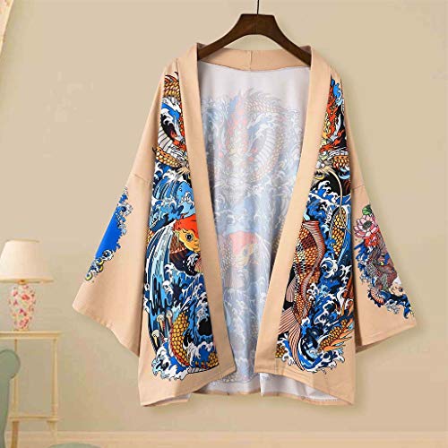 Hombre Camisa Kimono Hippie Cloak Estilo Japonés Estampado Holgado Manga 3/4 Cardigan Chaqueta Capa Ropa Casual Abrigo Básico Camisetas Cuello Mao Vintage Blusa T-Shirt Top Gusspower