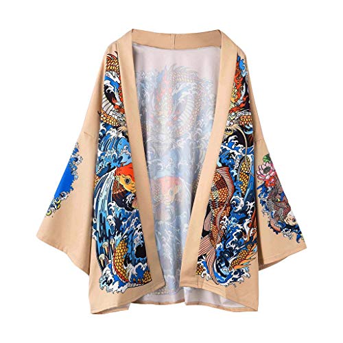 Hombre Camisa Kimono Hippie Cloak Estilo Japonés Estampado Holgado Manga 3/4 Cardigan Chaqueta Capa Ropa Casual Abrigo Básico Camisetas Cuello Mao Vintage Blusa T-Shirt Top Gusspower