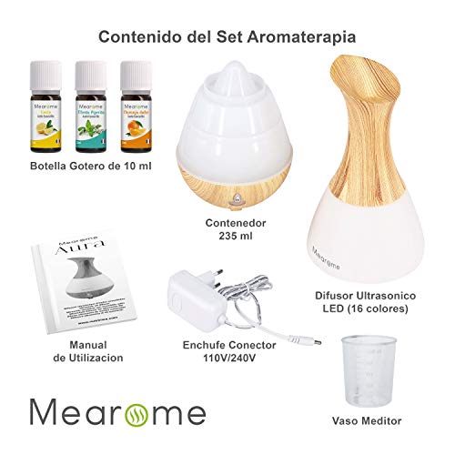 Humificador Utrasónico Aromaterapia, LED 6 colores, 235 ml | Difusor Aceites Esenciales BIO, Limón, Menta, Naranja | Mearome Fabricado en Francia