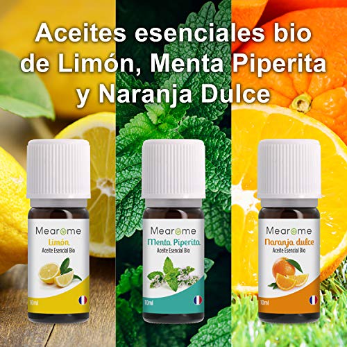 Humificador Utrasónico Aromaterapia, LED 6 colores, 235 ml | Difusor Aceites Esenciales BIO, Limón, Menta, Naranja | Mearome Fabricado en Francia