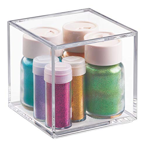 iDesign Organizador de maquillaje con tapa (10,2 x 10,2 x 10,2 cm), caja de belleza pequeña en plástico sin BPA, organizador de cosméticos apilable de acrílico, transparente