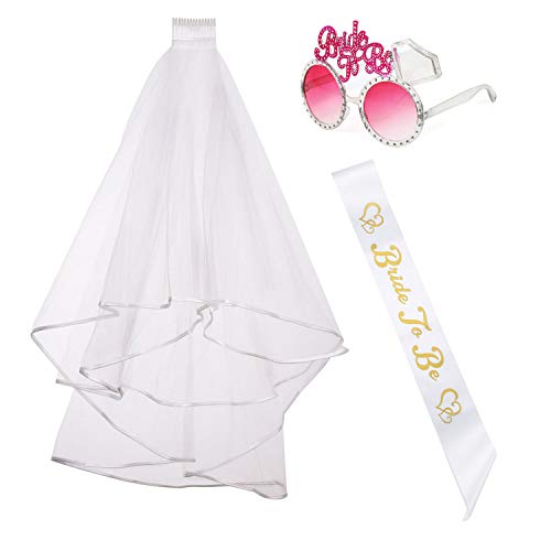 InnoBase " Bride to be Hen Party Favors Disfraces Accesorios Novia a ser Bride to be Satinado Sash Boda Nupcial Velo Blanco con Peine y Gafas de Sol con la inscripción Funny 3 Piezas