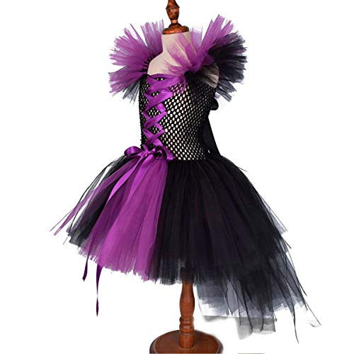 IWEMEK Disfraz de Malefica Niñas Reina Malvada Bruja Maleficent Costume Tutu Vestido con Diadema de Cuernos Alas de Angel Halloween Fancy Dress Cosplay Fiesta Carnaval Disfraces 02 7-8 Años