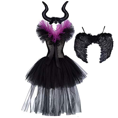 IWEMEK Disfraz de Malefica Niñas Reina Malvada Bruja Maleficent Costume Tutu Vestido con Diadema de Cuernos Alas de Angel Halloween Fancy Dress Cosplay Fiesta Carnaval Disfraces 02 7-8 Años