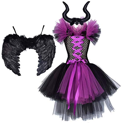 IWEMEK Disfraz de Malefica Niñas Reina Malvada Bruja Maleficent Costume Tutu Vestido con Diadema de Cuernos Alas de Angel Halloween Fancy Dress Cosplay Fiesta Carnaval Disfraces 02 7-8 Años