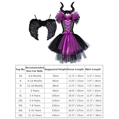 IWEMEK Disfraz de Malefica Niñas Reina Malvada Bruja Maleficent Costume Tutu Vestido con Diadema de Cuernos Alas de Angel Halloween Fancy Dress Cosplay Fiesta Carnaval Disfraces 02 7-8 Años