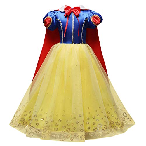 IWEMEK Traje de Princesa Blancanieves Disfraz de Carnaval con Cabo Accesorios 9pcs Vestido de Cosplay para Niñas Disfraces de Halloween Navidad Cumpleaños Comunión Fiesta 7-8 años