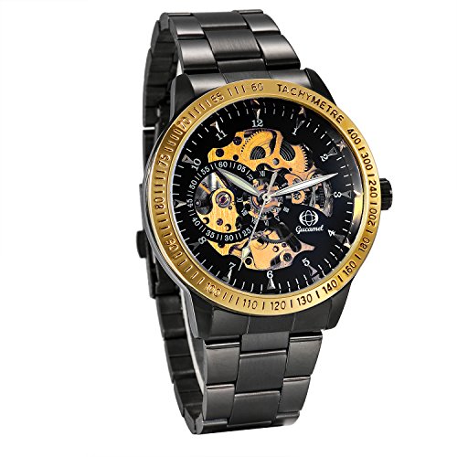 JewelryWe Reloj Mecánico Automático para Hombre Reloj Negro Acero Inoxidable, Grande Reloj de Pulsera Hueco Transparente, Vidrio Azul