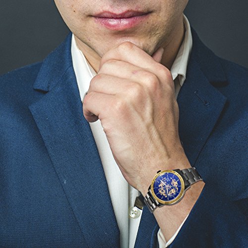 JewelryWe Reloj Mecánico Automático para Hombre Reloj Negro Acero Inoxidable, Grande Reloj de Pulsera Hueco Transparente, Vidrio Azul