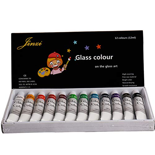 Jinzi - Pintura para vidrios, no tóxica, Kit de Pintura Permanente de Vidrio, Base lacada para Pintura artística de Vidrio, Pintura de Vidrio con 10 Pinceles de Pelo de Nailon de Punta Redonda