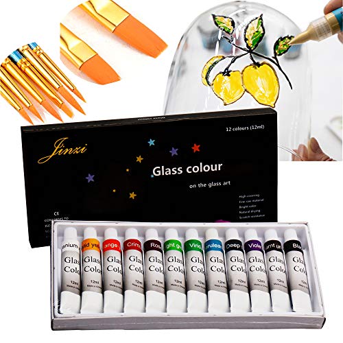 Jinzi - Pintura para vidrios, no tóxica, Kit de Pintura Permanente de Vidrio, Base lacada para Pintura artística de Vidrio, Pintura de Vidrio con 10 Pinceles de Pelo de Nailon de Punta Redonda