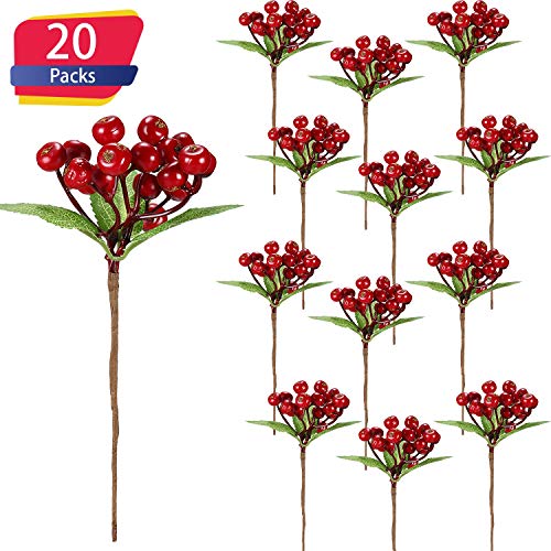 Juego de 20 Tallos de Ramita de Bayas de Navidad Flores Artificiales Bayas de Invierno Manojo de Arándanos Falsos para Decoración de Árbol de Navidad y Manualidades (Rojo, Estilo D)