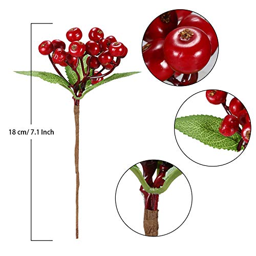 Juego de 20 Tallos de Ramita de Bayas de Navidad Flores Artificiales Bayas de Invierno Manojo de Arándanos Falsos para Decoración de Árbol de Navidad y Manualidades (Rojo, Estilo D)