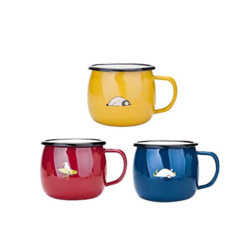 Kettle-HOT Tetera Regalo de la Taza del Esmalte, Juego de 3 Tazas de consumición 430ml for niños y Adultos, Rojo/Amarillo/Verde/Azul, Estampado de Animales de garrapatas, Presente diversión