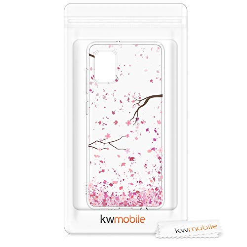 kwmobile Funda Compatible con Samsung Galaxy A31 - Carcasa de TPU y Flores Cerezo cayendo en Rosa Claro/marrón Oscuro/Transparente