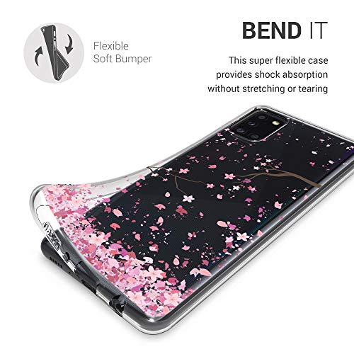 kwmobile Funda Compatible con Samsung Galaxy A31 - Carcasa de TPU y Flores Cerezo cayendo en Rosa Claro/marrón Oscuro/Transparente