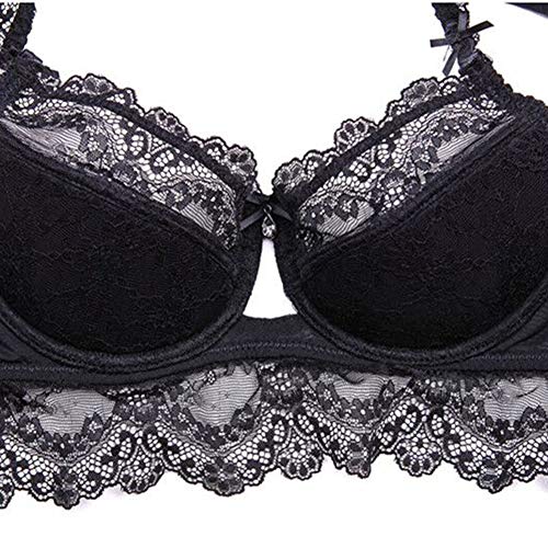 Lencería de Las Mujeres 4 Piezas Bra Sexy Bragas Liguero Stocking Temptation Set (ES:95C=EU:80C, Negro)