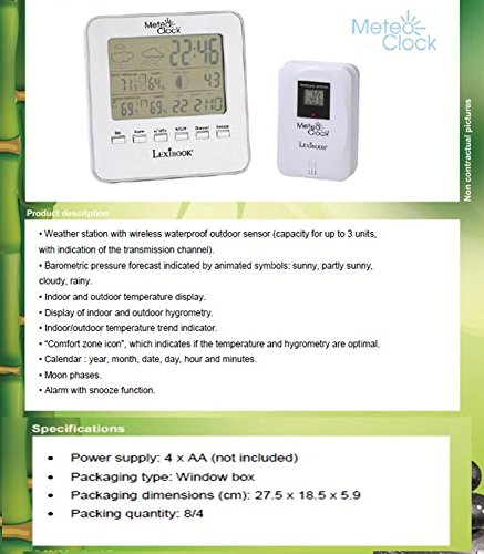 LEXIBOOK- Meteoclock Estación Meteorológica Inalámbrica, Color Plateado, 13x2.5x13 cm (SM940)