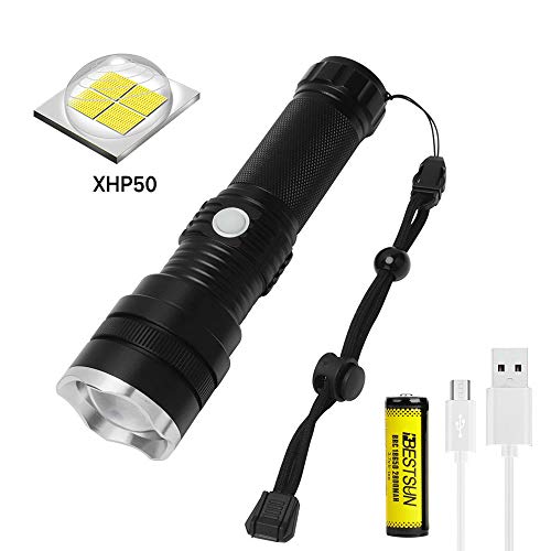 Linterna LED Recargable Alta Potencia XHP50 Linternas USB, LUXNOVAQ 6000 Lumen Zoom Torches Flashlight Tactical Impermeable EDC Luz Linterna de Mano con Batería y 3 Modos para Acampada Senderismo