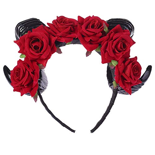 LLLucky Accesorios para el Cabello de Halloween Diadema de Cuerno de Oveja de Buey Velvet Rose Flor Tocado Rojo