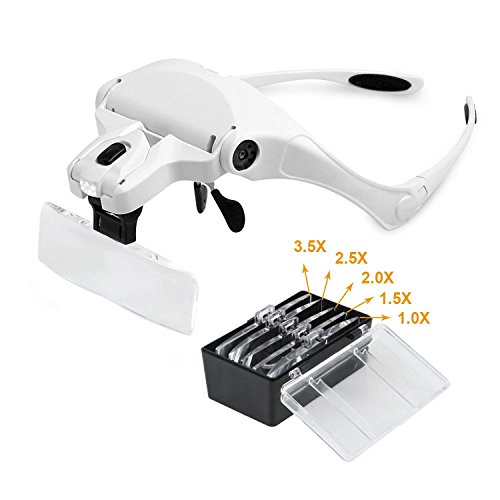 Locisne LED iluminado manos libres visor de lupa principal,(1.0X-3.5X) 5 lentes reemplazables Reparación de lentes aumento de auriculares para leer, lupa de joyas, reparación de relojes electrónicos