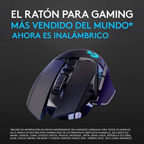 Logitech G502 LIGHTSPEED Ratón Gaming Inalámbrico, Sensor HERO 16K, 16,000 DPI, RGB, Peso Reducido, 11 Botones Programables, Batería Larga Duración, Memoria Integrada, PC/Mac - Negro