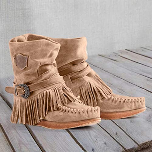 Logobeing Botas Mujer Roma Rebajas Elegantes Botas de Cuña con Punta Redonda Retro Fringe Botines Cortos Zapatos Planos (38, Brown)