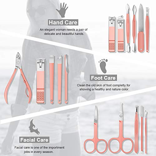 Manicura Pedicura Set 16 PCS Profesional Cortaúñas Acero Inoxidable Grooming Kit - Con Estuche De Viaje De Cuero Lujoso（Rosado）