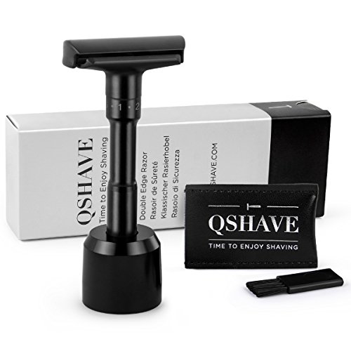 Maquinilla de afeitar segura ajustable de doble borde QSHAVE, color negro mate, 1 afeitadora, 1 soporte y 1 funda protectora de piel