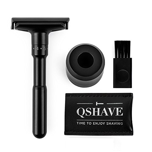 Maquinilla de afeitar segura ajustable de doble borde QSHAVE, color negro mate, 1 afeitadora, 1 soporte y 1 funda protectora de piel