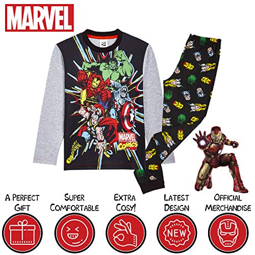 Marvel Avengers Pijama Niño, Pijamas Niños de Los Vengadores Superheroes Capitan America, Hulk, Iron Man y Thor, Conjunto de Dos Piezas Manga Larga, Regalos para Niños y Adolescentes (11-12 años)