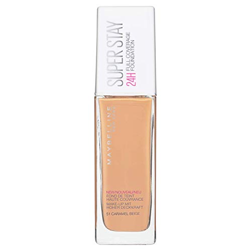 Maybelline New York - SuperStay 24H, Base de Maquillaje Semi-Mate de Alta Cobertura, Tono 51 Caramel Beige