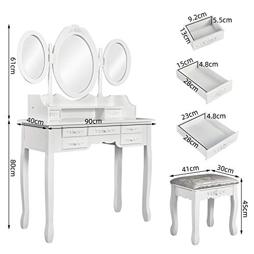 Meerveil Tocador de Maquillaje, Tocador de Dormitorio Tocador con Taburete 3 Espejo Giratorio 7 cajones Taburete con Tela de Terciopelo Tabla de MDF