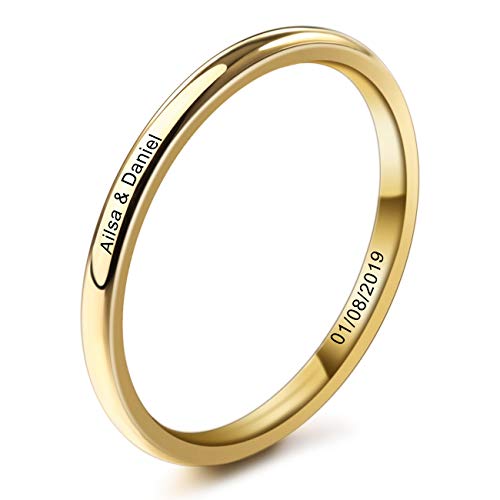 MeMeDIY 2mm Oro Dorado Tono Acero Inoxidable Anillo Ring Banda Venda Alianzas Boda Amor Love Talla Tamaño 9 - Grabado Personalizado