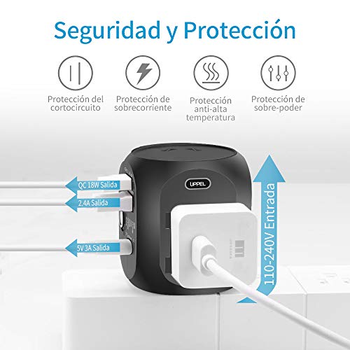 milool Adaptador Enchufe, Adaptador de Viaje Enchufe Universal Carga rápida Tres Puertos (2.4A) Seguridad de Doble fusibles para Enchufes con EU,AU,Asia,US,UK Acerca de 150 Países -(Negro)