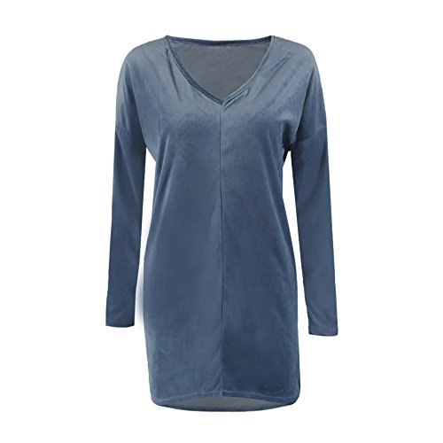 Minetom Mujer Invierno Jerséy Suéter Cuello V Casual Tejido De Punto Vestido De Manga Larga (ES 42, Azul)