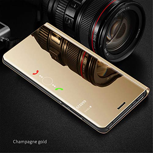 MLOTECH Funda Huawei P20 Lite,Funda Case + Cristal Templado Flip Clear View Translúcido Espejo Standing Cover Slim Fit Anti-Shock Anti-Rasguño Mirror 360°Protectora Cubierta Dorado