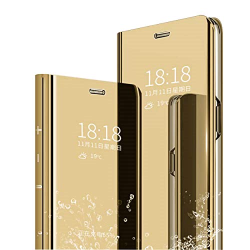 MLOTECH Funda Huawei P20 Lite,Funda Case + Cristal Templado Flip Clear View Translúcido Espejo Standing Cover Slim Fit Anti-Shock Anti-Rasguño Mirror 360°Protectora Cubierta Dorado