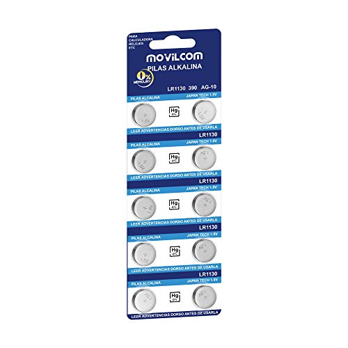 MovilCom® - Pila Botón AG10 Pilas Reloj 1.5V Equivalente a L1130, LR1130, L1131, LR1131, LR54, 389, 389, SR1130W, V389, 389, D389, S1131E, 626, M, 280-15, SB-BU, SR54