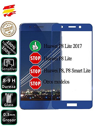 Movilrey Protector para Huawei P8 Lite 2017 Azul Completo 3D Cristal Templado de Pantalla Vidrio Curvo para movil