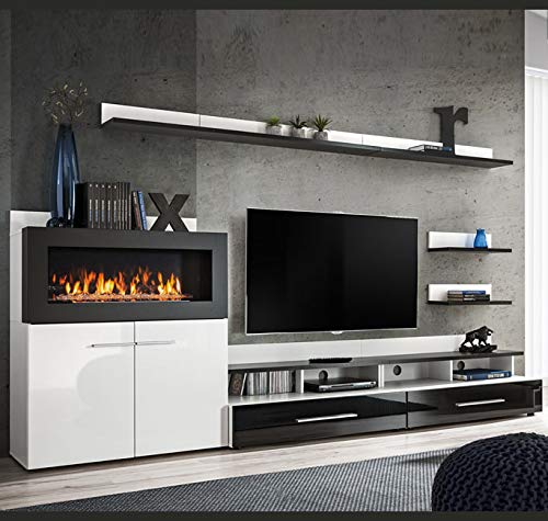 muebles bonitos – Mueble de salón con Chimenea de bioetanol Erica Blanco y Negro (2,90m)