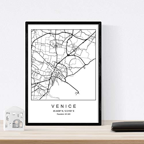 Nacnic Lámina Mapa de la Ciudad Venice Estilo nordico en Blanco y Negro. Poster tamaño A4 Sin Marco Impreso Papel 250 gr. Cuadros, láminas y Posters para Salon y Dormitorio